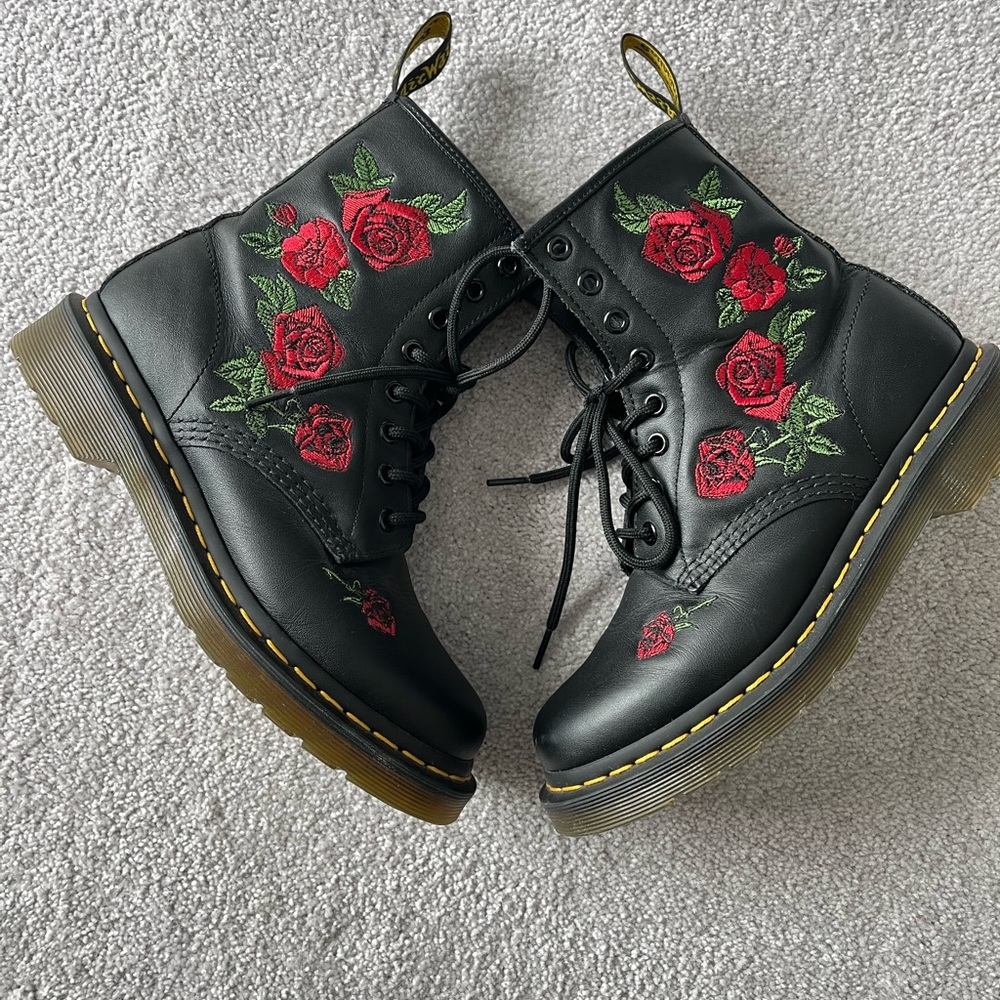 Dr. Martens Black Ankle Boots with Red Rose Embroidery - Picture 5 of 9